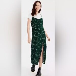 AEO Green Floral Cowl Neck Midi Dress with Slit